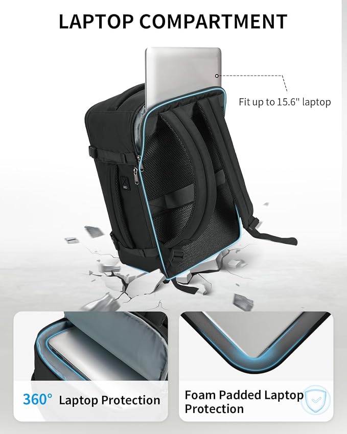 ECOHUB 17'' Small Travel Backpack, United Airlines Personal Item Bag 16.9"x10"x7.5" Carry on Backpack with USB Port Luggage Sleeve Travel Essentials for Men Women Water Resistant, Black