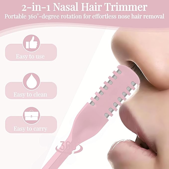 2026 Upgraded 2-in-1 Nasal Hair Cutter, 360° Rotating Double-Sided Blade, Washable Portable Grooming Tool for Men & Women, Travel Essential (Pink-5PCS)