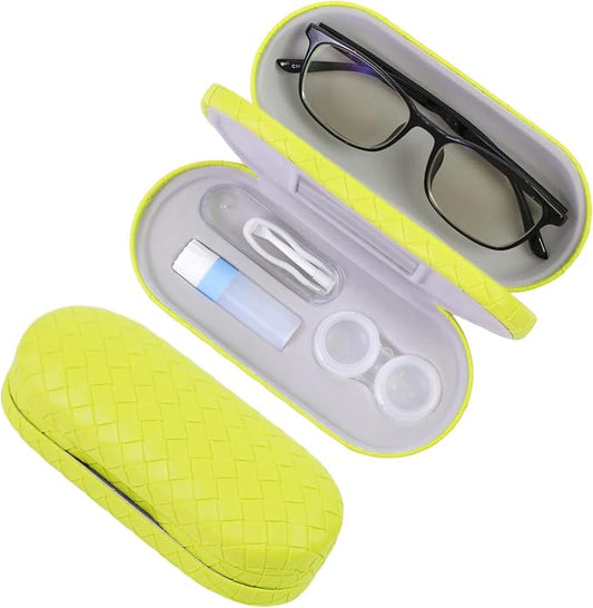 2 in 1 Contact Lens Case and Eyeglasses Case for Women Men Kids, Double Sided Hard Shell Portable Glasses Travel Holder with Built-in Mirror, Contact Lens Box Storage Kit, Lime