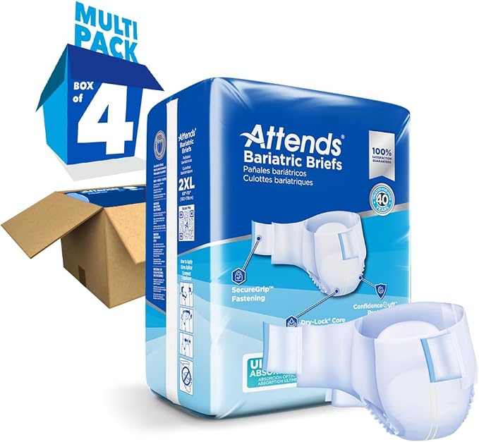 Attends Bariatric Incontinence Disposable Briefs, XX-Large, 63"-70" Waist with Tab Closures, Ultimate Absorbency, Dry-Lock Containment Core and ConfidenceCuff Leakage Protection, 2XL 48ct Case