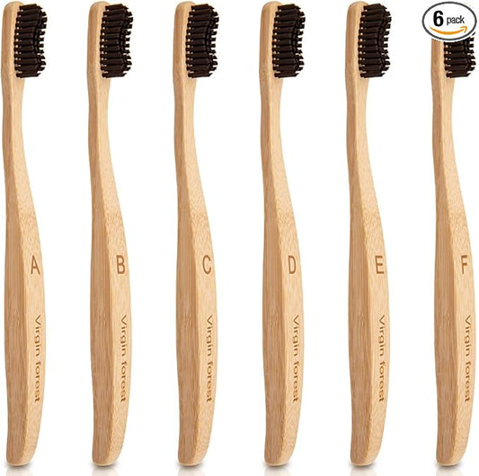 Virgin Forest Bamboo Toothbrush, Natural Eco Friendly Biodegradable Charcoal Tooth Brushes, Pack of 6
