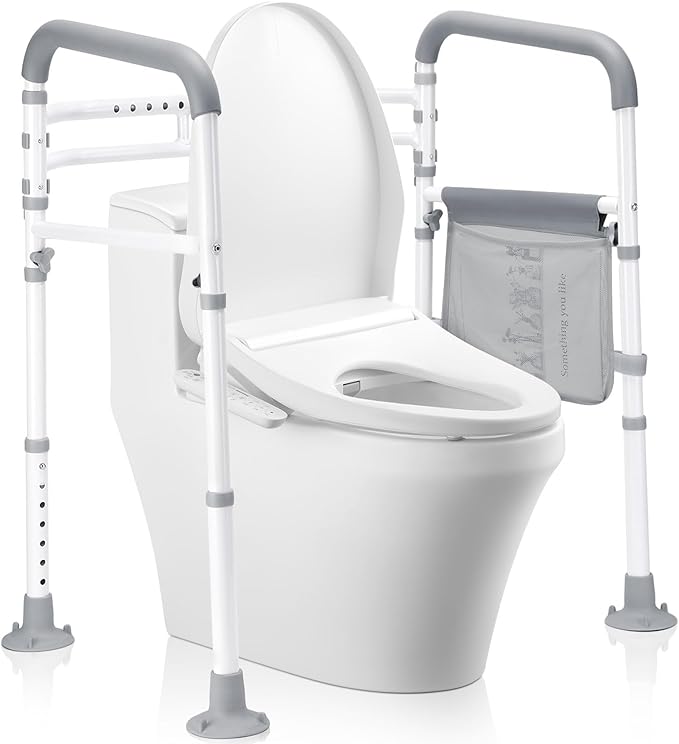 Toilet Safety Rails-Adjustable Toilet Safety Frame, FoldableTtoilet Support Rails with Handles, Heavy Duty Toilet Handles for Elderly, Seniors, Handicap & Disabled-Fits Most Toilets