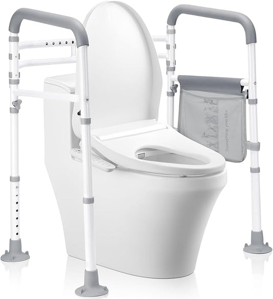 Toilet Safety Rails-Adjustable Toilet Safety Frame, FoldableTtoilet Support Rails with Handles, Heavy Duty Toilet Handles for Elderly, Seniors, Handicap & Disabled-Fits Most Toilets