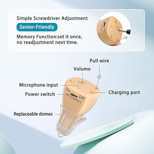 Rechargeable Hearing Aids for Seniors with Noise Cancellation, OTC Hearing Aids Digital Chips for Clear Sound, CIC In-Ear Fit Comfortable & Invisible, Charging Case Volume Control, 1 Pair, Beige