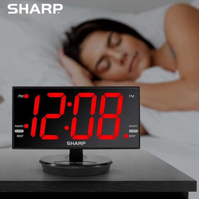 Sharp AccuSet Digital Alarm Clock, 8.9" Tilt/Swivel, FM Radio, Dual USB | 3-inch easy-read digits, 10 station presets, 3-level dimmer, 2 wake times, 9-minute snooze, CR2032 backup, mirror finish