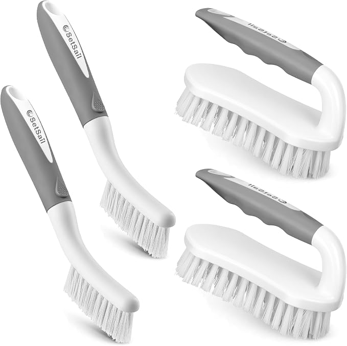 SetSail Scrub Brush, Heavy-Duty Stiff Bristle Cleaning Scrubber, 4 Pack | Durable Bristles Ergonomic Non-Slip Tpr Grip. U-Style Hanging Loop for Storage. Use for Shower, Tub, Tile, Kitchen, Carpet.