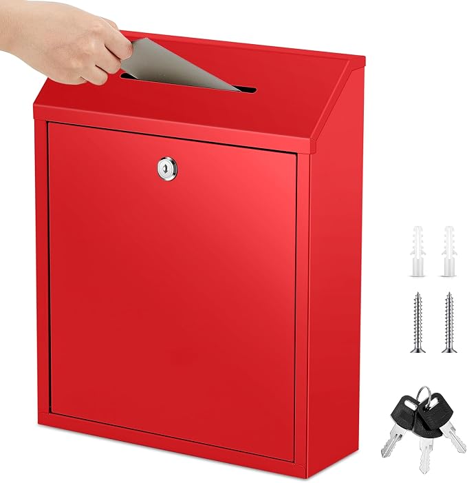 Yaocom Metal Money Box,Red,15 x 12 x 4 Inch,No Lid | Wall Mounted Drop Donation Cash Box for Farm Stand Collection Safe Suggestion Box with Lock Container for Home Office Outdoor