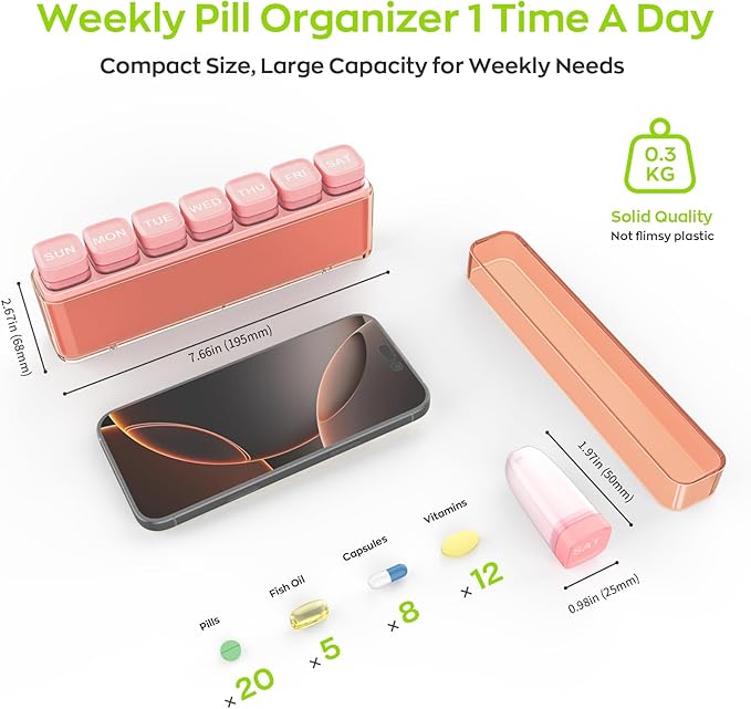 Weekly Pill Organizer 1 Time a Day, HIONXMGA Portable Detachable Travel Pill Box 7 Day, Large Once Daily Pill Holder Case, Color-Coded Dispenser for Vitamin Medicine Supplement Fish Oil, Orange Pink
