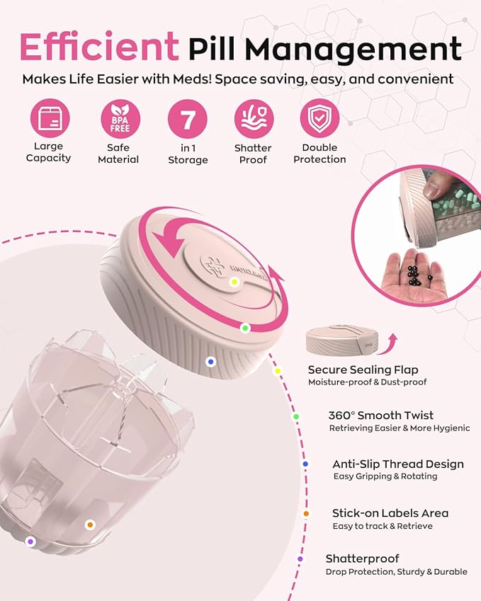 Cute Pill Dispenser with 7 Large Compartments, Portable Pill Bottle Organizer with Wide Opening for Travel, Anti-Mixing Pill Container, Shatterproof BPA-Free, Includes 20 Pcs Labels, Pink
