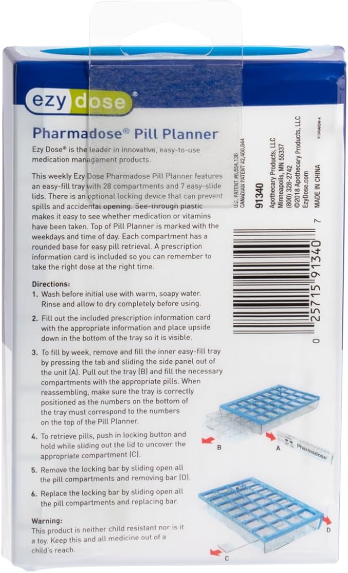 EZY DOSE Pill Organizer Weekly (7-Day), Medicine Planner, Vitamin Box, Small Compartments with Easy Fill Tray Case, 4 Times a Day, Easy to Use Containers, Clear Lids, Blue, BPA Free
