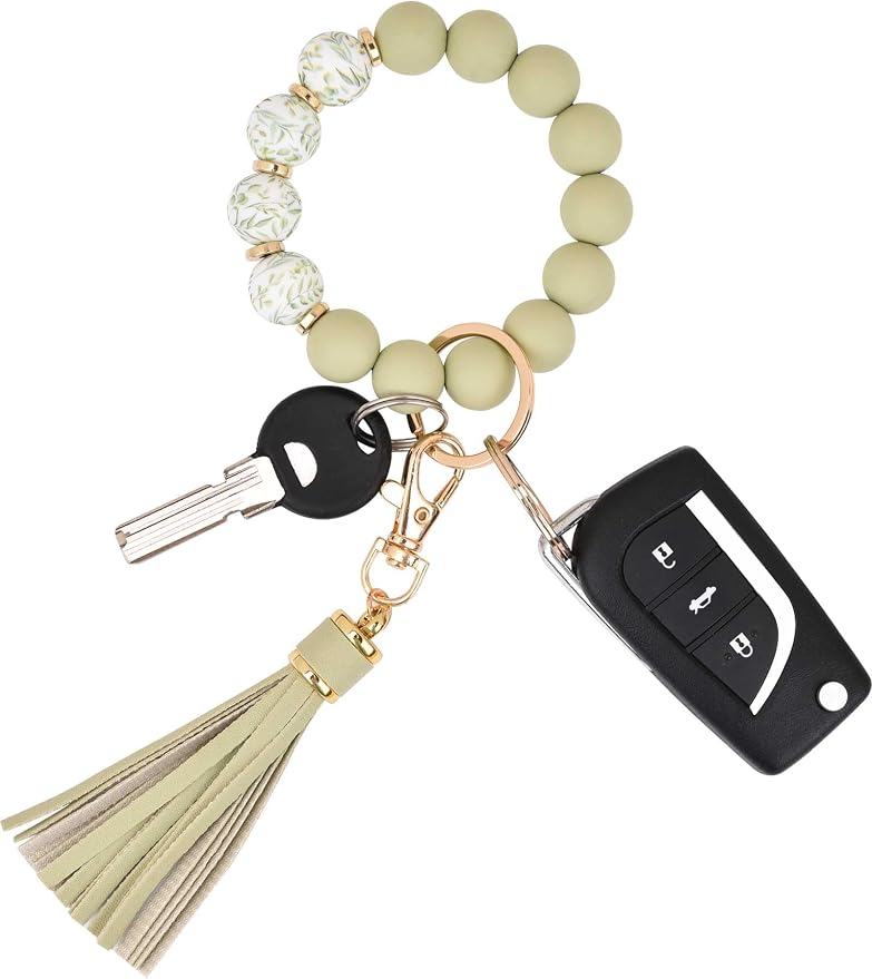 BAOSIWA Silicone Beaded Bracelet Keychain Wristlet Key Ring Bangle Chains for Women with Leather Tassel