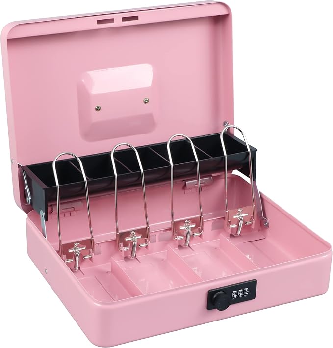 xydled Cash Box with Money Tray and Combination Lock,Tiered, Cantilever Design,4 Bill / 5 Coin Slots,11.8" x 9.5" x 3.5",Pink