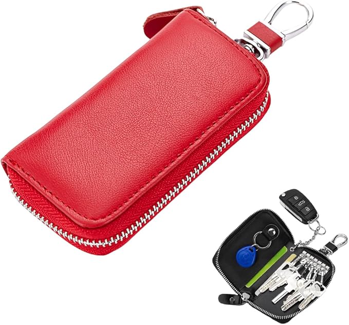 Leather Car Key Holder Bag, Unisex Key Fob Case with 6 Hooks, Zipper Closure Keychian Case Wallet for Smart Keys (Red)