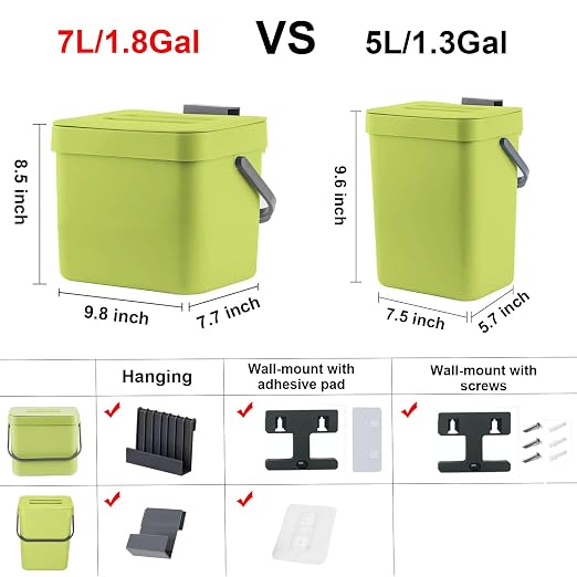 LALASTAR 1.8 Gallon Hanging Trash Can, Green, Plastic, Compost Bin Indoor Kitchen Sealed, Small Trash Can with Lid, Mountable