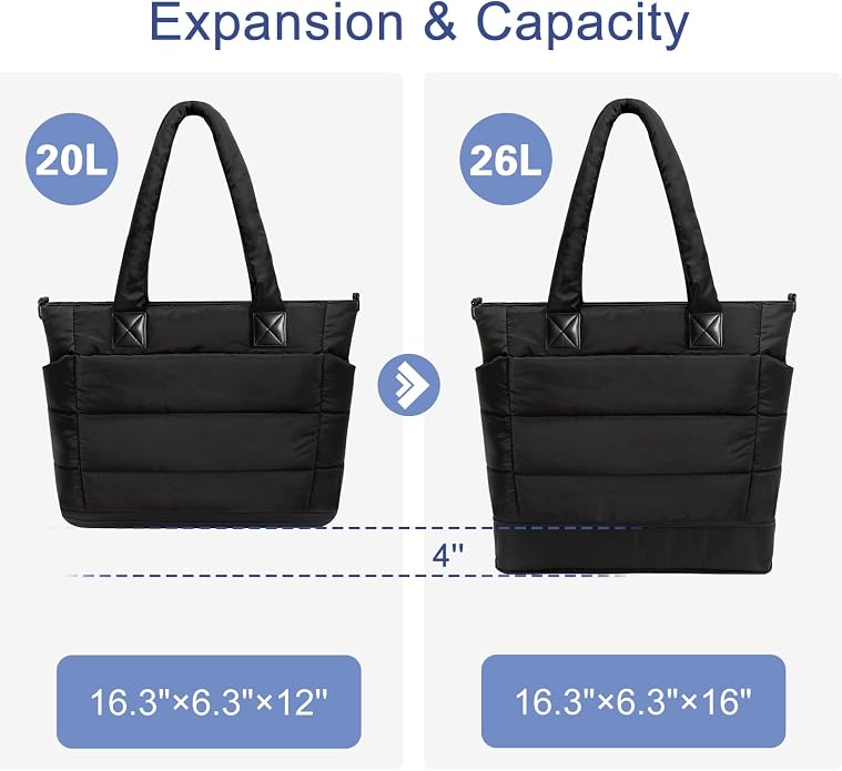 Puffer Tote Bag for Women Quilted Nurse Bag Lightweight Work Bag for Teacher Travel Handbag with Multiple Pockets
