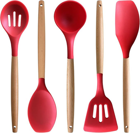 Silicone Cooking Utensils Set 5Pcs Non-Stick Silicone Kitchen Utensils for Cooking, Heat Resistant Kitchen Gadgets Spatula Spoon Turner Set with Wooden Handles for Non-Stick Cookware BPA Free
