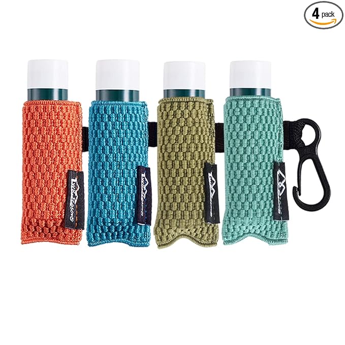 WKieason Lip Balm Holder Sleeve with Keychain Clip-on Lipstick Sleeve Holder Tight-knit Elastic Holder Pack of 4 (Orange/Blue/Olive/Green)