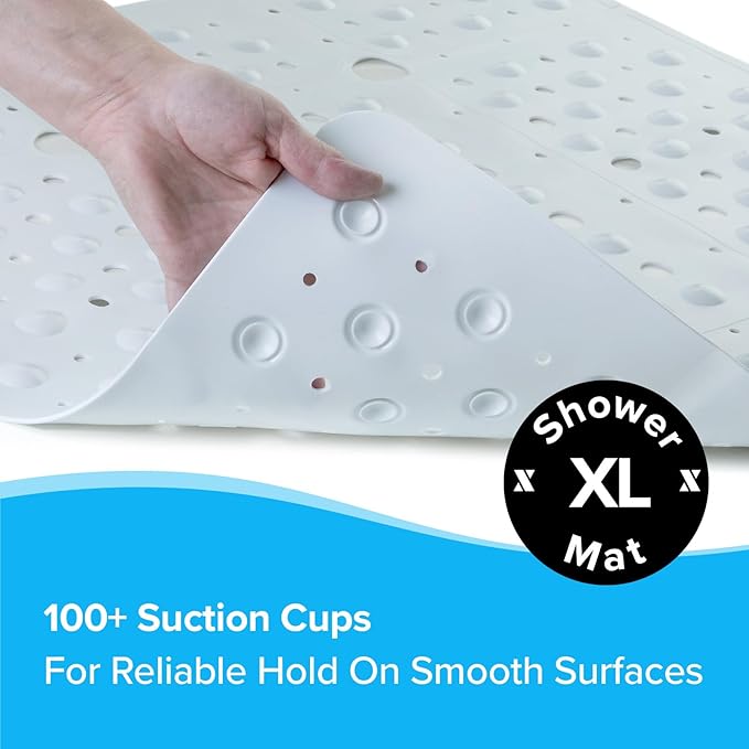 SlipX Solutions 27" Oversize Square Shower Mat, Non-Slip Mat for Elderly & Kids, 100+ Power Grip Suction Cups for Smooth Surfaces, Machine Washable, White