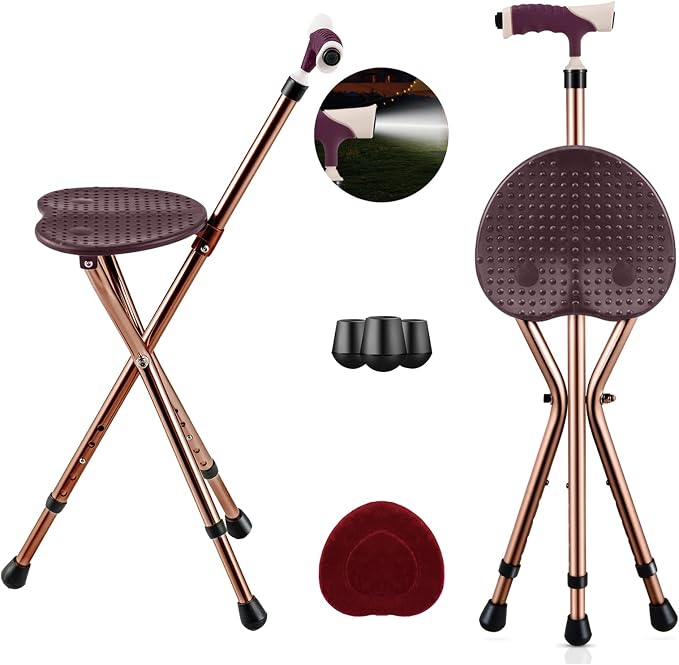 S AFSTAR Walking Cane with Seat, Height Adjustable Cane Chair with LED Light & Retractable 3 Legs, Portable Anti-Slip Seat Cane, Heavy Duty Walking Stick Chair for Seniors Elderly