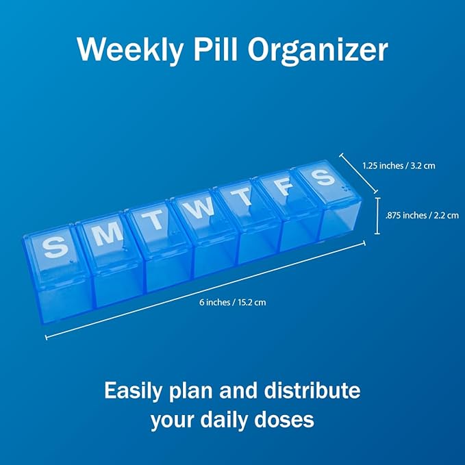 Amazon Basic Care Weekly (7-Day) Pill Organizer, Vitamin Planner, and Medicine Box, Medium Compartments, Blue (Pack of 2)