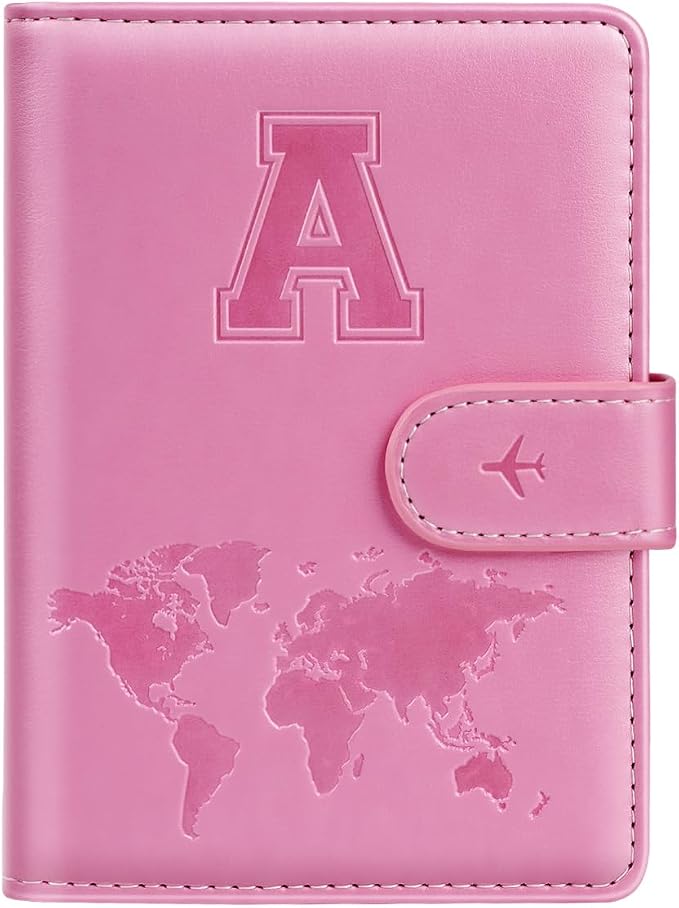 Passport Holder Cover Initial Letter A-Z Travel Wallet Personalized | Travel Essentials, Embossed Design, RFID Blocking, Personalized Gift, Passport Book Holders for Women Girls, Pink-A