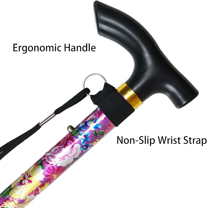 Folding Canes for Men and Women, Floral | 5-Level Adjustable Height, Lightweight Collapsible, Aluminum, Wrist Strap, T Handle, Walking Sticks for Seniors Adults