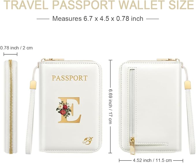 Passport Holder for Travel Personalized Wallet with Wristlet Women | All-in-One Passport Cover, RFID Blocking, Back Coin Pocket, Paper Money Slot, Zipper Closure, Roses Initial Letter, White E