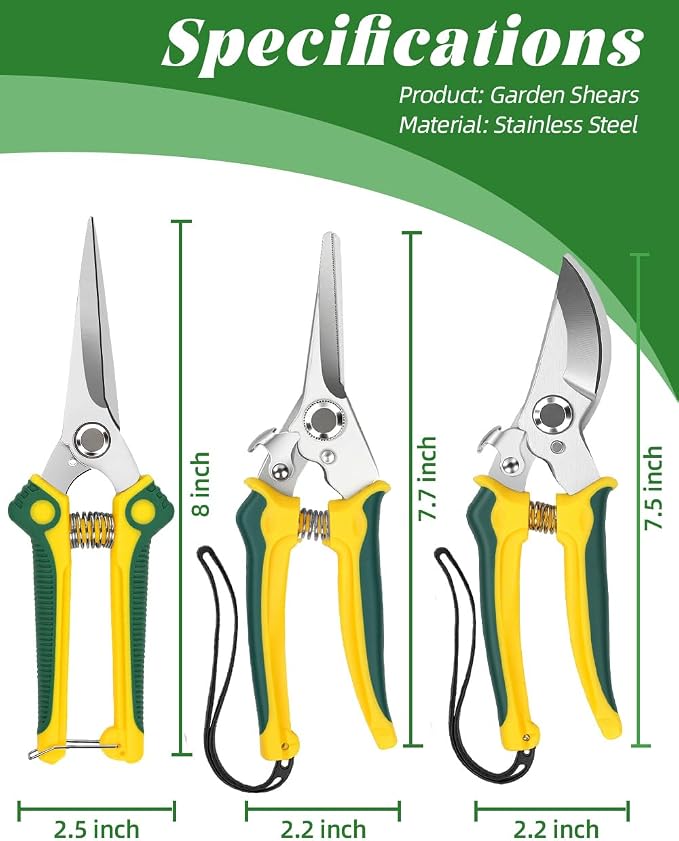 EWPJDK 3-Pack Stainless Steel Pruning Shears, Pruning Snips and Clippers for Gardening, Scissors Tools (Yellow)