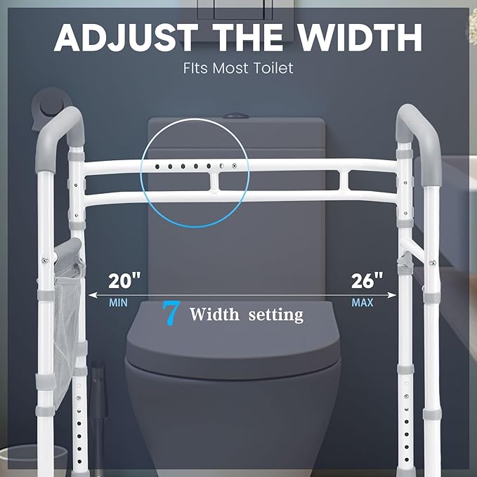 Toilet Safety Rails-Adjustable Toilet Safety Frame, FoldableTtoilet Support Rails with Handles, Heavy Duty Toilet Handles for Elderly, Seniors, Handicap & Disabled-Fits Most Toilets