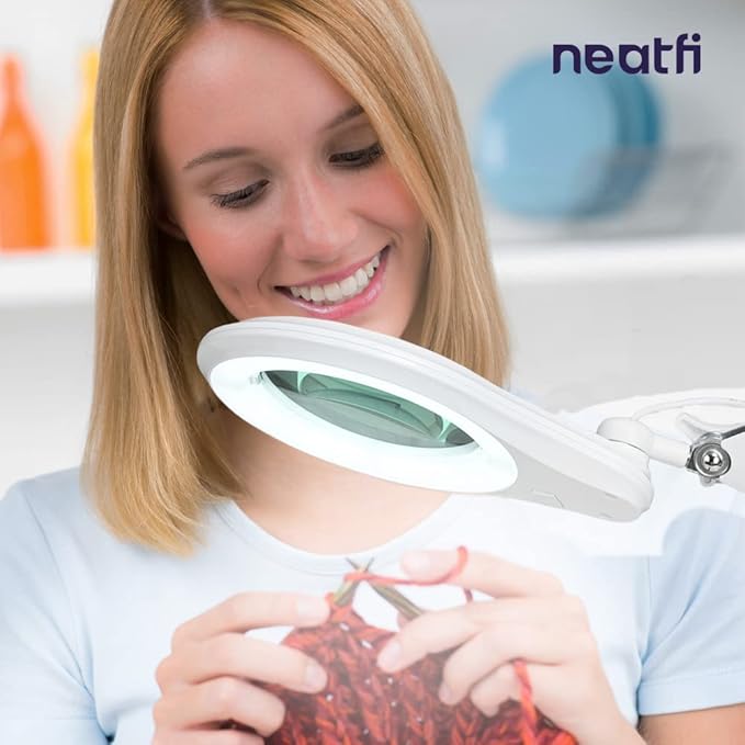 Neatfi (New Model Bifocals 1,200 Lumens Super LED Magnifying Lamp with Clamp, Dimmable, 5 Inches Diameter Lens, Adjustable Arm Utility Clamp (8 Diopter + 20 Diopter, White)