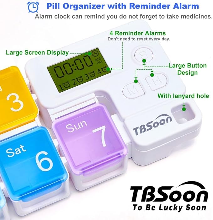 7 Day Medicine Pill Organizer, 4 Reminder Alarms, Loud Sound, 7 Large Compartments, Large Screen, Moisture-Proof, Dust-Proof, Travel Weekly/Daily Pill Box/Organizer/Case/Container/Dispenser, TBSoon