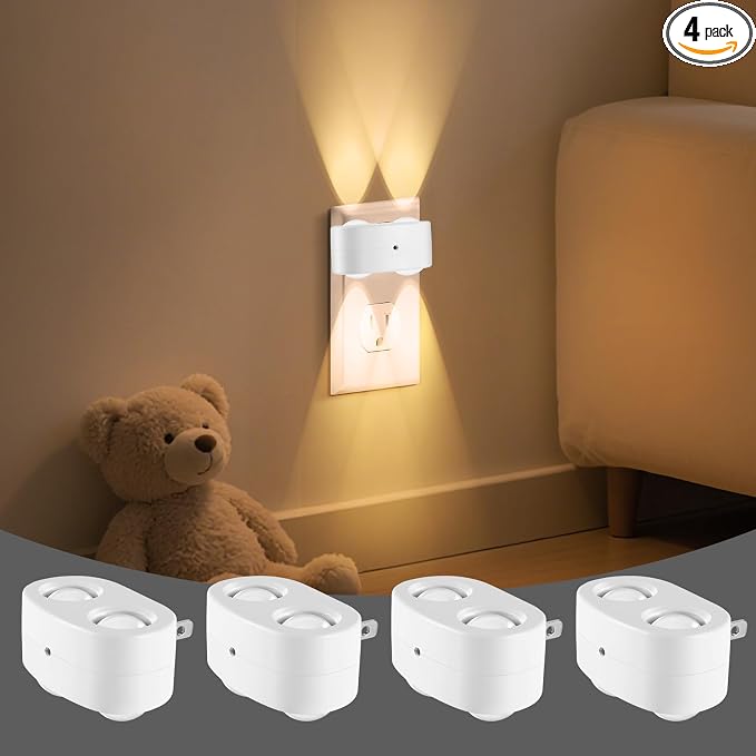 4 Pack Night Light, Plug-in Wall NightLights with Rotatable, Dusk to Dawn Sensor, 2700K Warm White 100 Lumens, Energy Saving 1W LED, for Kids Room Bedroom Bathroom Kitchen Hallway