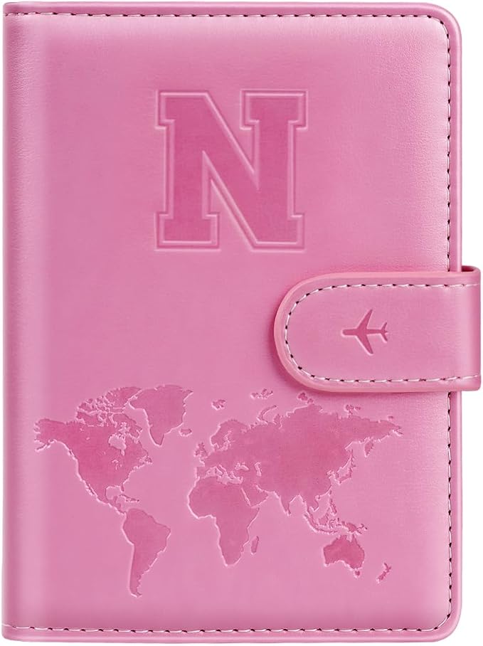 Passport Holder Cover Initial Letter A-Z Travel Wallet Personalized | Travel Essentials, Embossed Design, RFID Blocking, Personalized Gift, Passport Book Holders for Women Girls, Pink-N