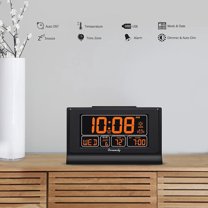 DreamSky Digital Alarm Clock with Battery Backup, 5 Inch Large Display, Auto Set Clock, USB Charging Ports, 12/24H | Digital Clock with Date & Day of Week, 5 Inch Large Display, Weekday, Temperature, USB Port, Auto DST, Brightness Dimmer