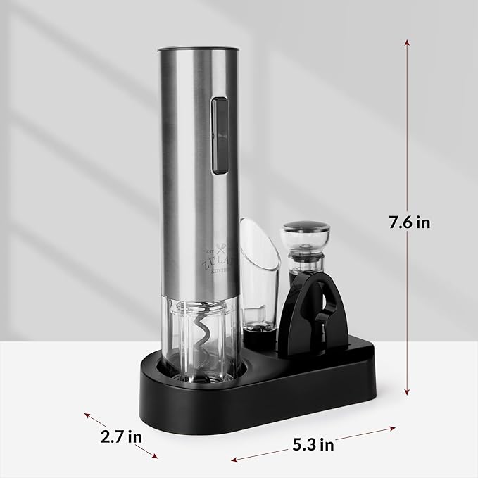 Zulay Kitchen Electric Wine Opener 4-Piece Gift Set with Charging Base - Foil Cutter, Aerator & Pourer, Vacuum Stoppers - Automatic Wine Bottle Corkscrew Opener For Smooth & Fast Uncorking