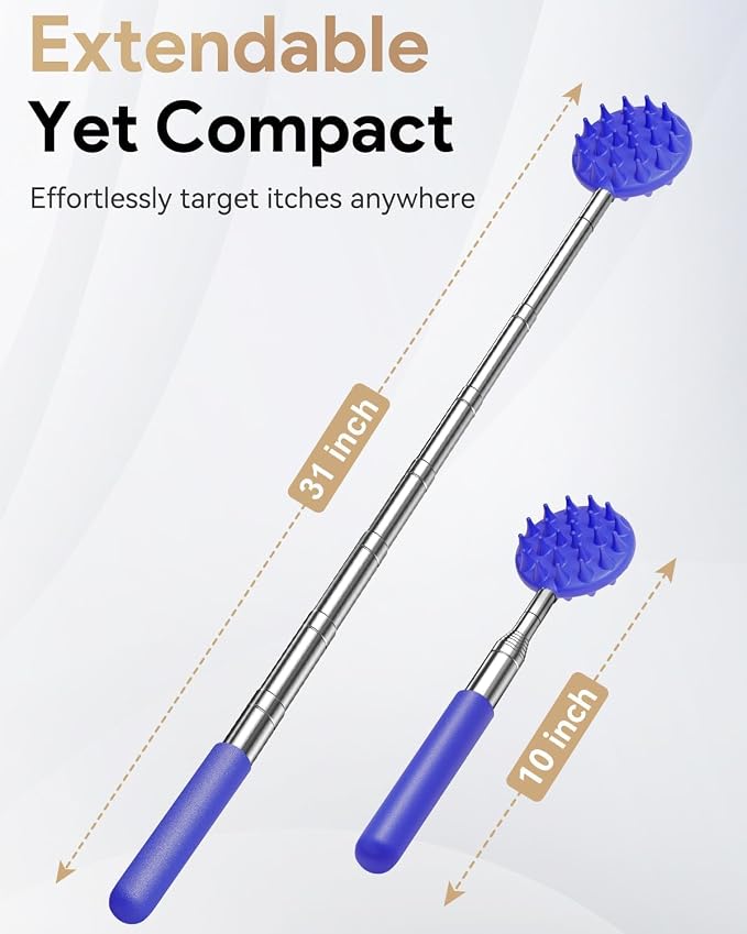 Telescoping Back Scratcher with 5 Detachable Heads, Gift for Men Blue | 10-30" Reach, Stainless Steel Pole, Rubber Grip, Christmas Stocking Stuffers, White Elephant, Anniversary and Birthday Gift