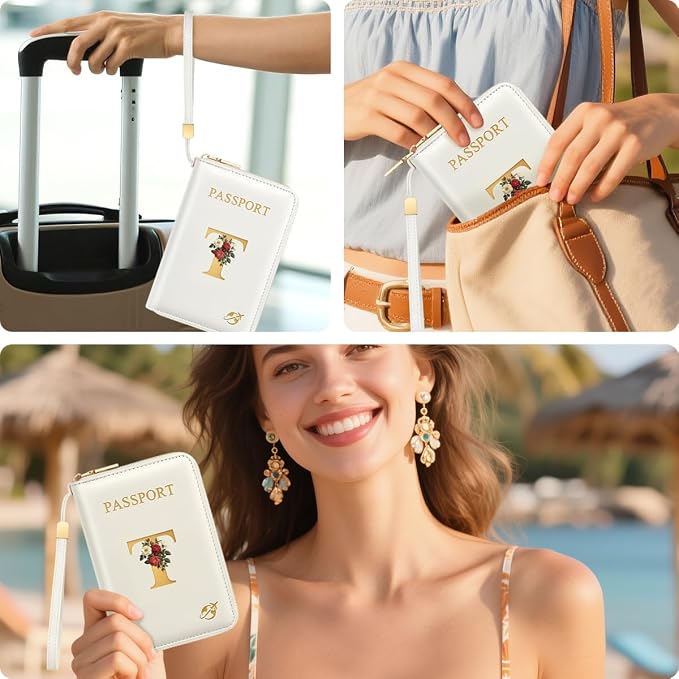 Passport Holder for Travel Personalized Wallet with Wristlet Women | All-in-One Passport Cover, RFID Blocking, Back Coin Pocket, Paper Money Slot, Zipper Closure, Roses Initial Letter, White T