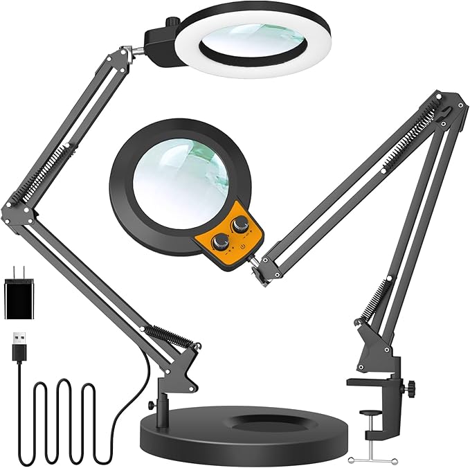 KIRKAS 12X Magnifying Glass with Light and Stand, Any Color Modes & Stepless Brightness LED Magnifying Lamp with Clamp, 2-in-1Hands Free Magnifier Desk Lamp for Repair Painting Crafts-Knob Yellow