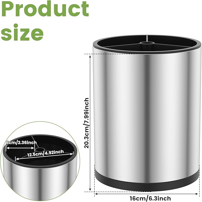 Kitchen Utensil Holder for Kitchen Counter,360° Rotating Stainless Steel Utensils Holder,Large Cooking Utensils Holder with Removable Base,3 Compartments Cutlery Holder