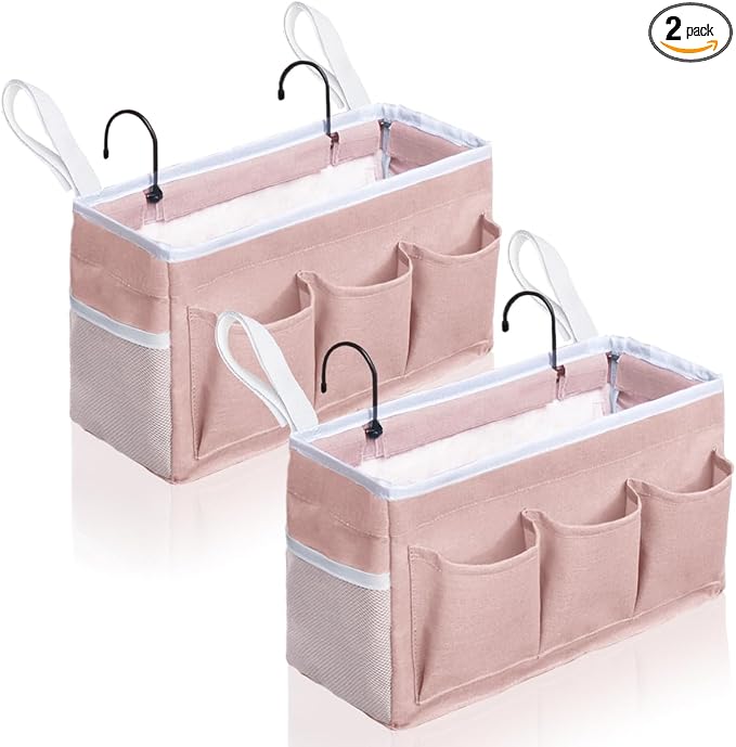 Kanrichu Bedside Caddy Hanging Storage Bag, Organizer Baskets with Pockets for Bunk Bed Accessories, Loft & Dorm Rooms Chair Bed Rails (Pink-2pcs)