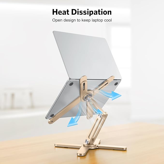 OMOTON LA10 360° Rotating Laptop Stand Riser Foldable for Desk, Gold | Aluminium Aolly, Adjustable Height Angles, Collaborative Work, Easy Storage, Fits Laptops up to 17", for MacBook Pro/Air HP