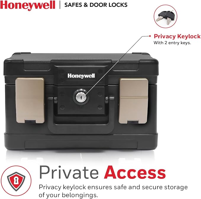 Honeywell Safes & Door Locks - Fireproof & Waterproof Small Safe Box Chest for Home - Fits Folded Letter Size Documents - Strong ABS Plastic - Document Box with Key Lock System - 0.15 CU, Black, 1102