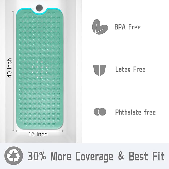 Yimobra Non Slip Bathtub Mat 40 x 16 Inch, Extra Long Shower Mat with Drain Holes, Machine Washable Baby Bath Mats, Strong Suction Cups for Bathroom Floor, MARRS Green