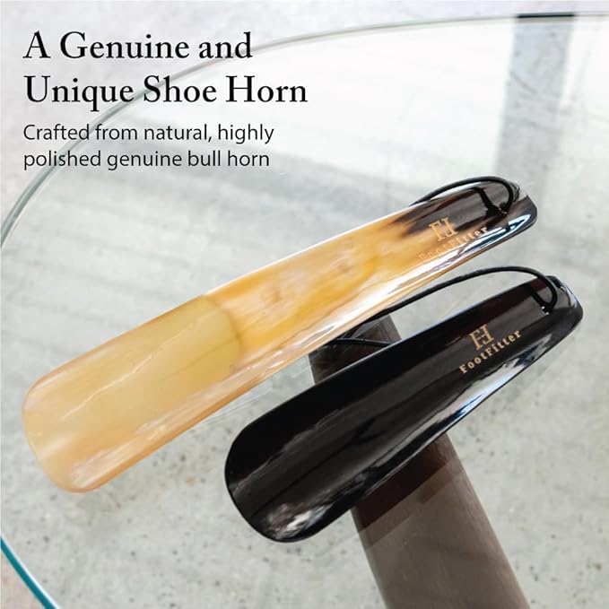 FootFitter Natural Bull Horn Shoe Horn with Leather Loop, Smooth Polished Shoe Assist Tool for Easy Slip-On Low Collar Shoes