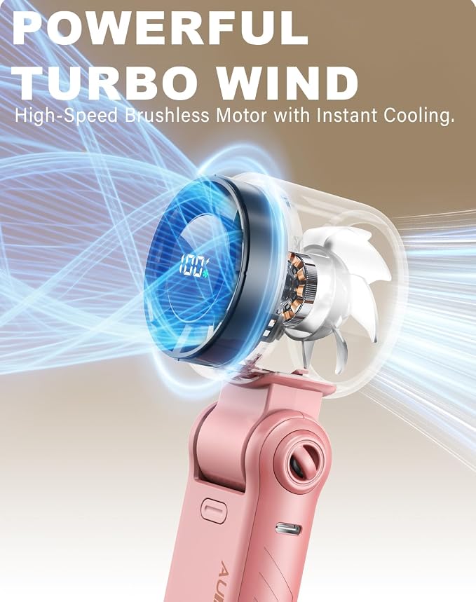 Portable Handheld Turbo Fan - 5 Speed Mini Personal Fan with Strong Airflow, Foldable 3 in 1 Rechargeable Battery Operated Trave Essentials Hand Fans for Indoor/Outdoor Use, Pink
