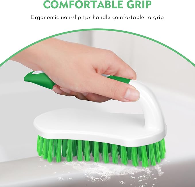 SetSail Scrub Brush, Stiff Bristle Cleaning Scrubber, 4 Pack(Green) | Durable Bristles Ergonomic Non-Slip Tpr Grip. U-Style Hanging Loop for Storage. Use for Shower, Tub, Tile, Kitchen, Carpet.