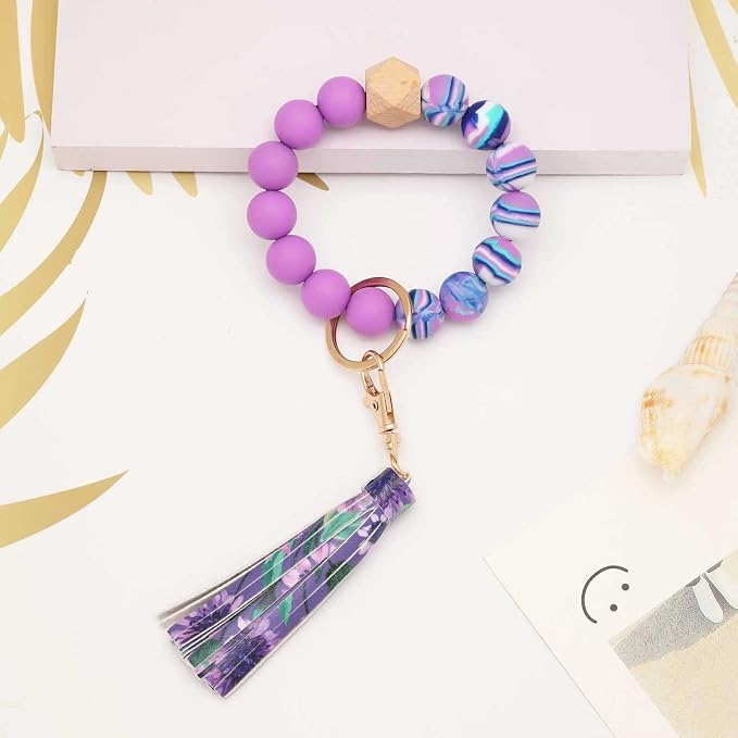 BAOSIWA Silicone Beaded Bracelet Keychain Wristlet Key Ring Bangle Chains for Women with Leather Tassel