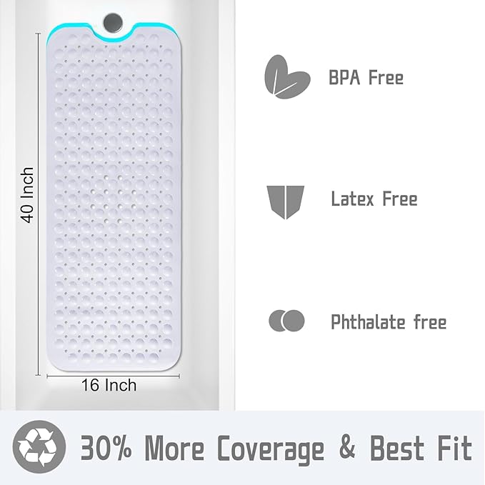 Yimobra 2-Pack Shower Mat Bathtub Mat Non Slip 40 x 16, Bath Mat for Tub Floor with Big Suction Cups and Drain Holes, Machine Washable Shower Mats for Inside Shower, Phthalate Latex Free, White