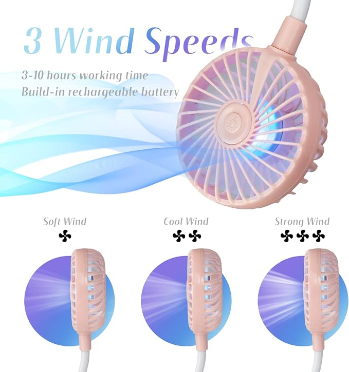 VAGAU Portable Cooling Neck Fan, Rechargeable USB Personal Neck Fan Pink | with Colorful LED lights, 360° Rotation, Wearable Neck Fan Air Conditioner for Office Travel Sport, 3 Adjustable Speeds