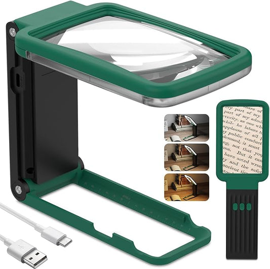 10X Magnifying Glass with Light and Stand, Real Glass Lens, Rechargeable Foldable Handheld Magnifier, 3 Color Modes Dimmable Lighted Page Magnifier for Reading Fine Prints, Seniors, Green Black